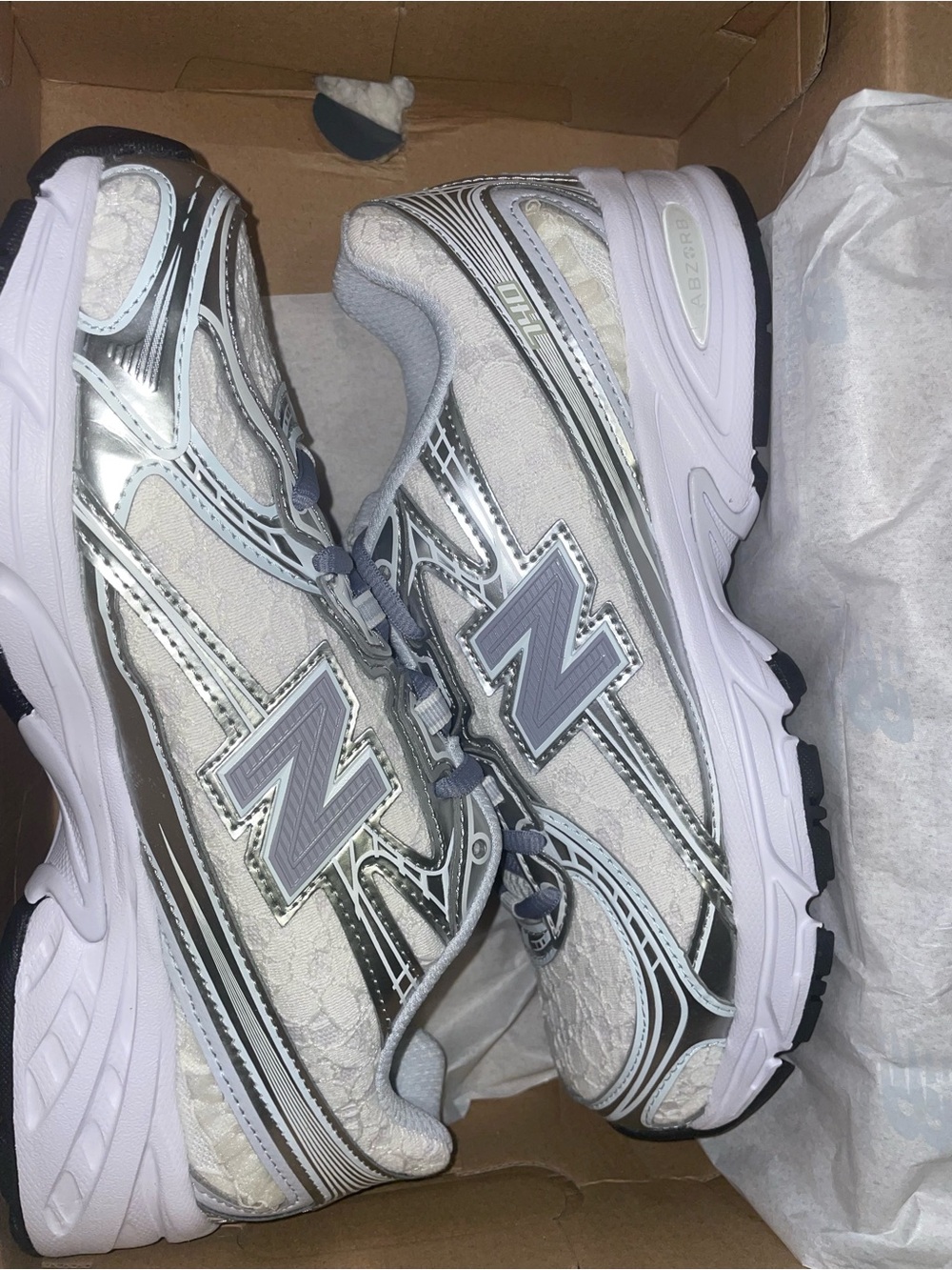 New Balance Women's Silver and White Lace-Accent Sneakers